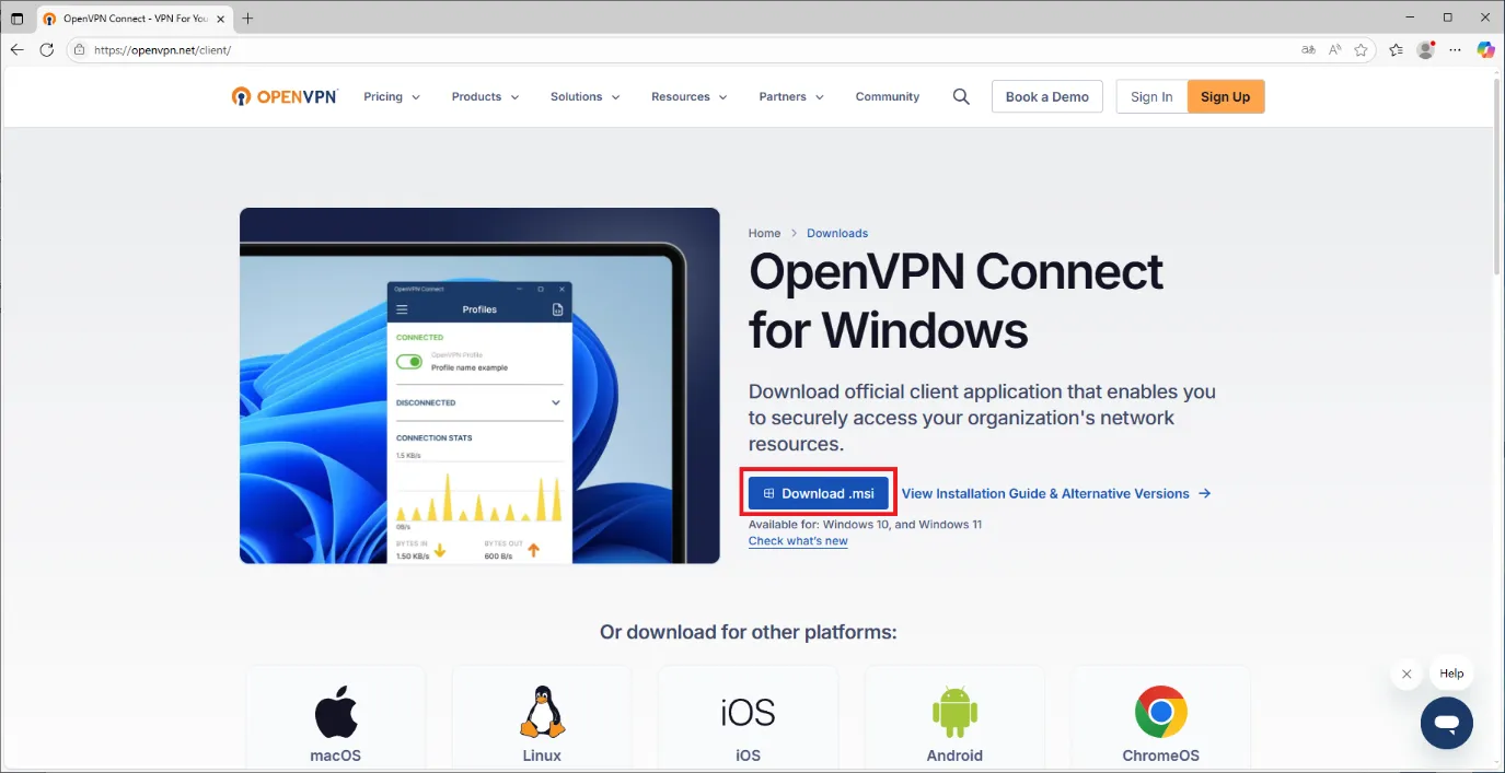 OpenVPN 공식 웹사이트에서 Windows용 MSI 파일 다운로드 페이지