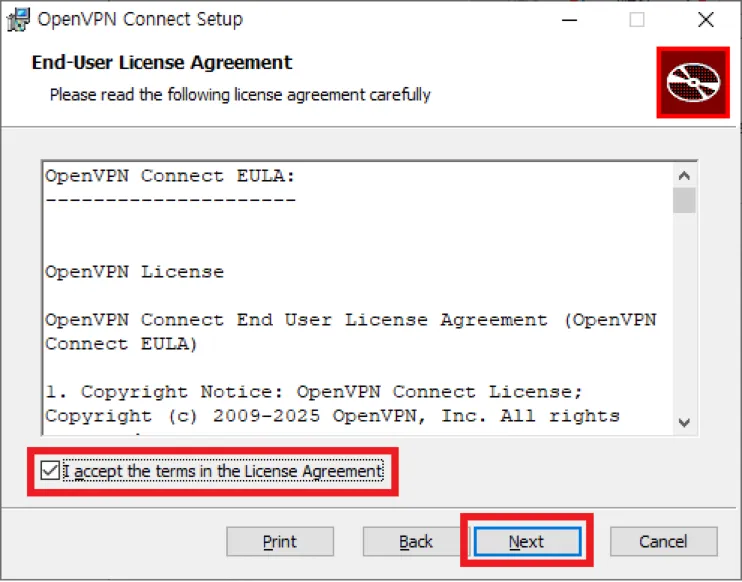 OpenVPN 라이선스 동의 화면