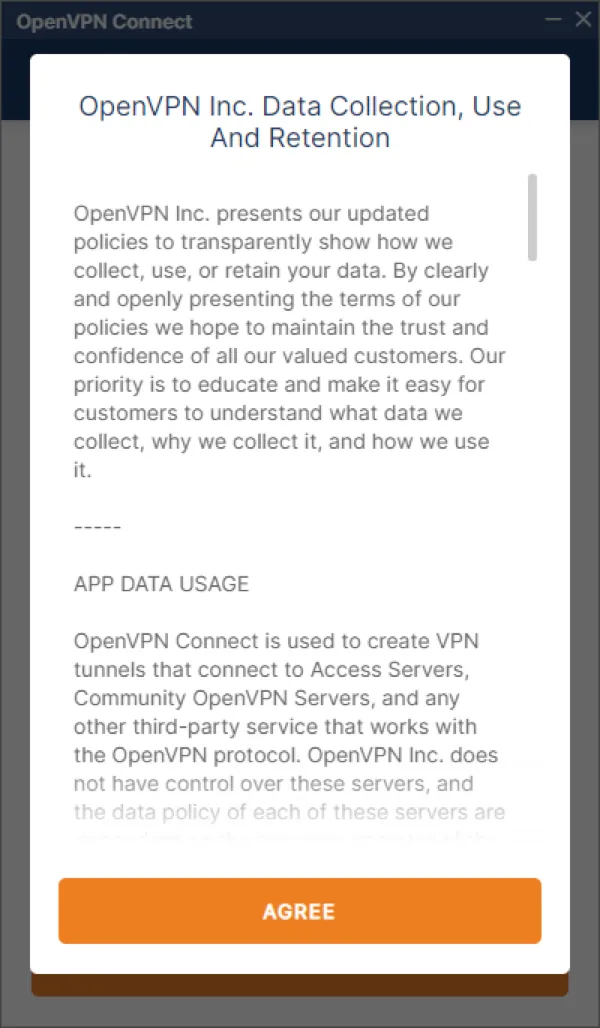 OpenVPN 앱 실행 후 약관 동의 화면