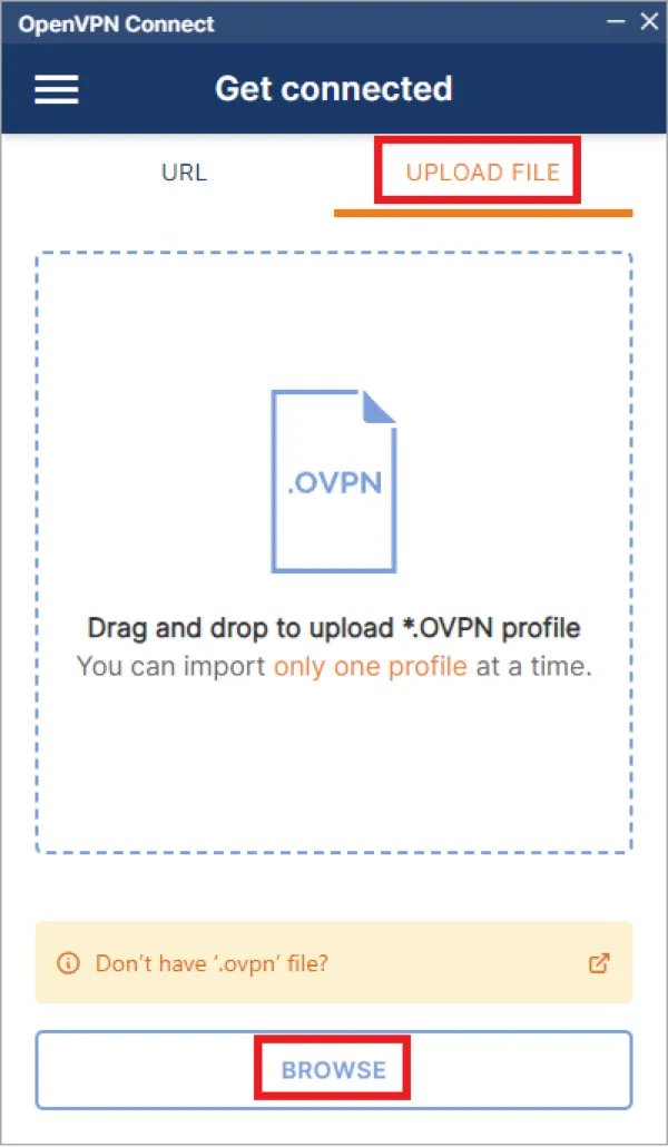 OpenVPN 파일 업로드 메뉴 선택 화면